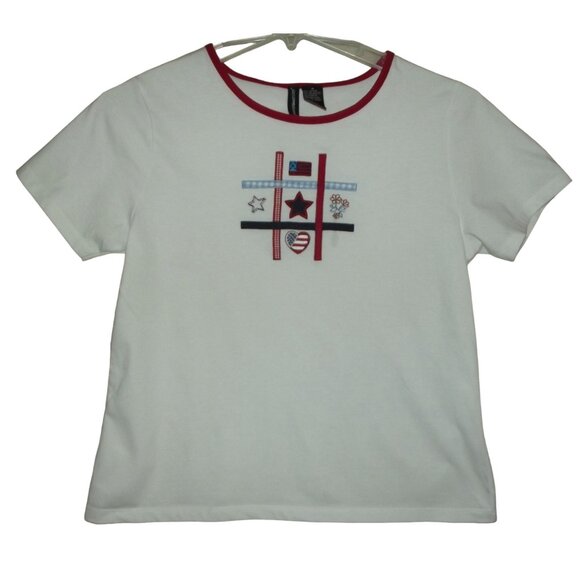 Jason Maxwell T-Shirt Women Medium White Red Blue Top patriotic embellished flag - Picture 1 of 6